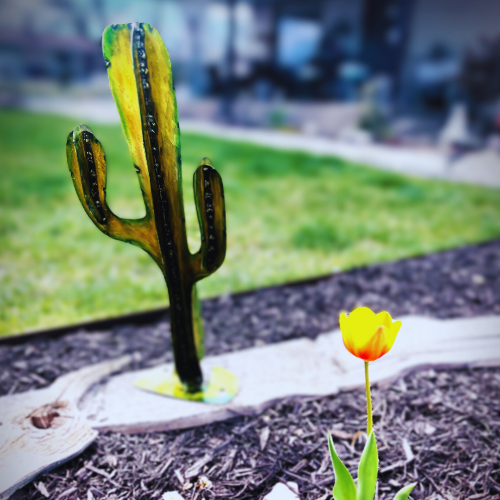 Metal Art- Ornamental Cactus Decor for Desert Style Landscapes- Green and yellow cactus with steel FX apainted on steel, welded seams, standing cactus for garden, yard, pathway, patio, or backyard