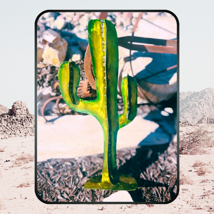 Metal Art- Ornamental Cactus Decor for Desert Style Landscapes- Green and yellow cactus with steel FX apainted on steel, welded seams, standing cactus for garden, yard, pathway, patio, or backyard
