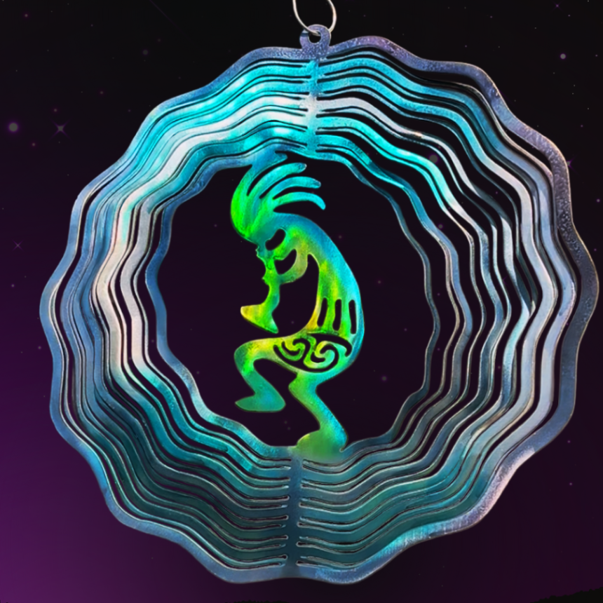 Desert Trickster, musician, and fertility. Metal Art wind spinner kinetic motion with bright colors. Fertility God, music maker, desert magic. Kokopelli is a mystical creature metal art wind spinner
