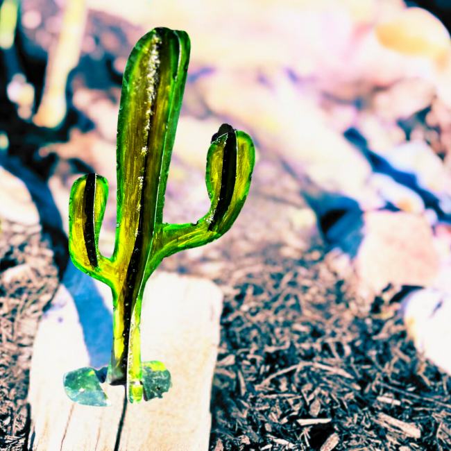 Metal Art- Ornamental Cactus Decor for Desert Style Landscapes- Green and yellow cactus with steel FX apainted on steel, welded seams, standing cactus for garden, yard, pathway, patio, or backyard