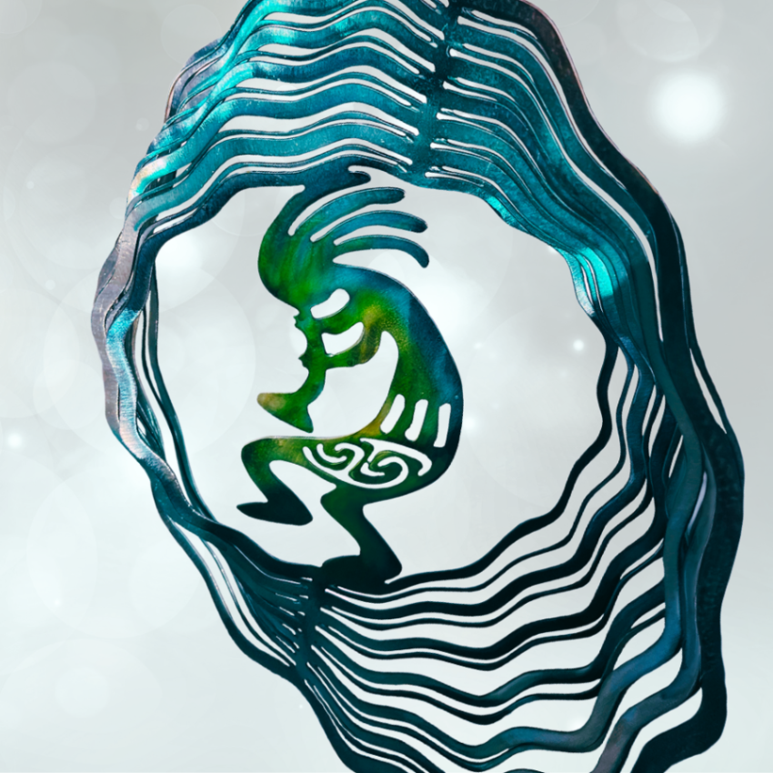 Desert Trickster, musician, and fertility. Metal Art wind spinner kinetic motion with bright colors. Fertility God, music maker, desert magic. Kokopelli is a mystical creature metal art wind spinner 12 inch diameter, painted with Steel patina dyes