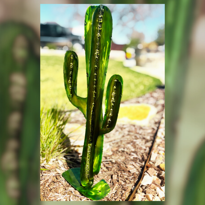 3d Metal Cactus Art for Garden, with 2 arms, standing in mulch