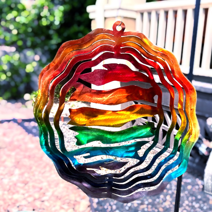 Rainbow Flag Pride Wind Spinner made of metal, painted with rainbow tones