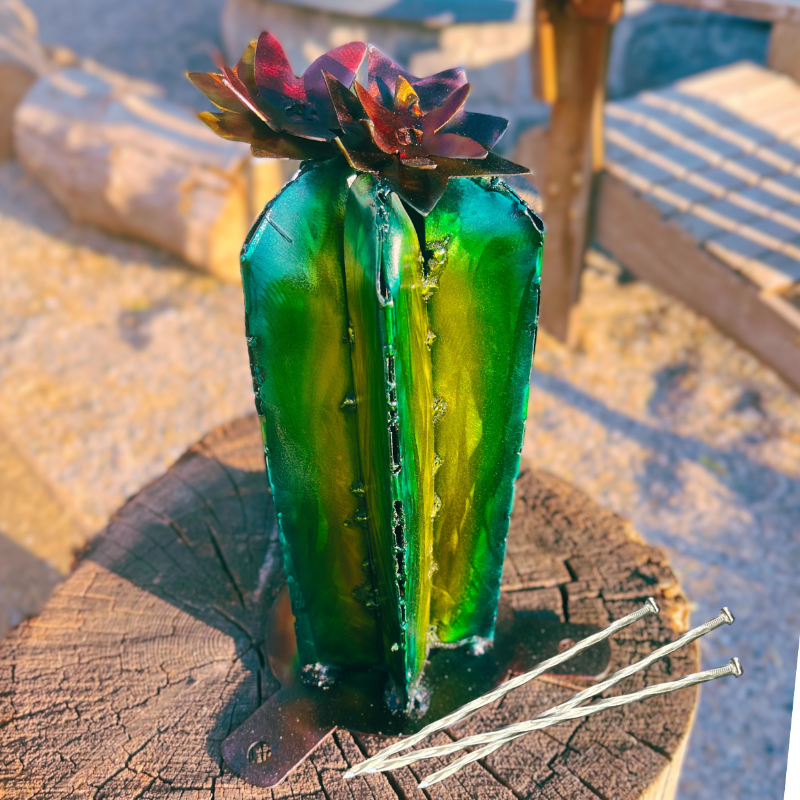cactus yard art, green, yellow, with anchoring nails. Cactus flower on top, painted red and yellow