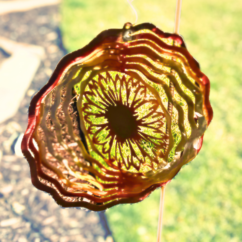 Rustic metal sunflower wind spinner for yard or patio decor garden art