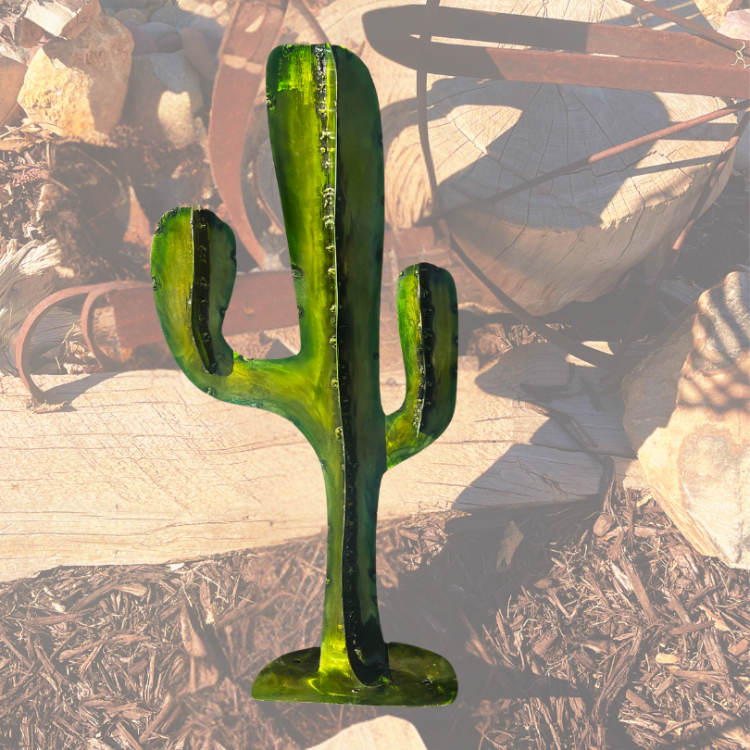 Metal Art- Ornamental Cactus Decor for Desert Style Landscapes- Green and yellow cactus with steel FX apainted on steel, welded seams, standing cactus for garden, yard, pathway, patio, or backyard