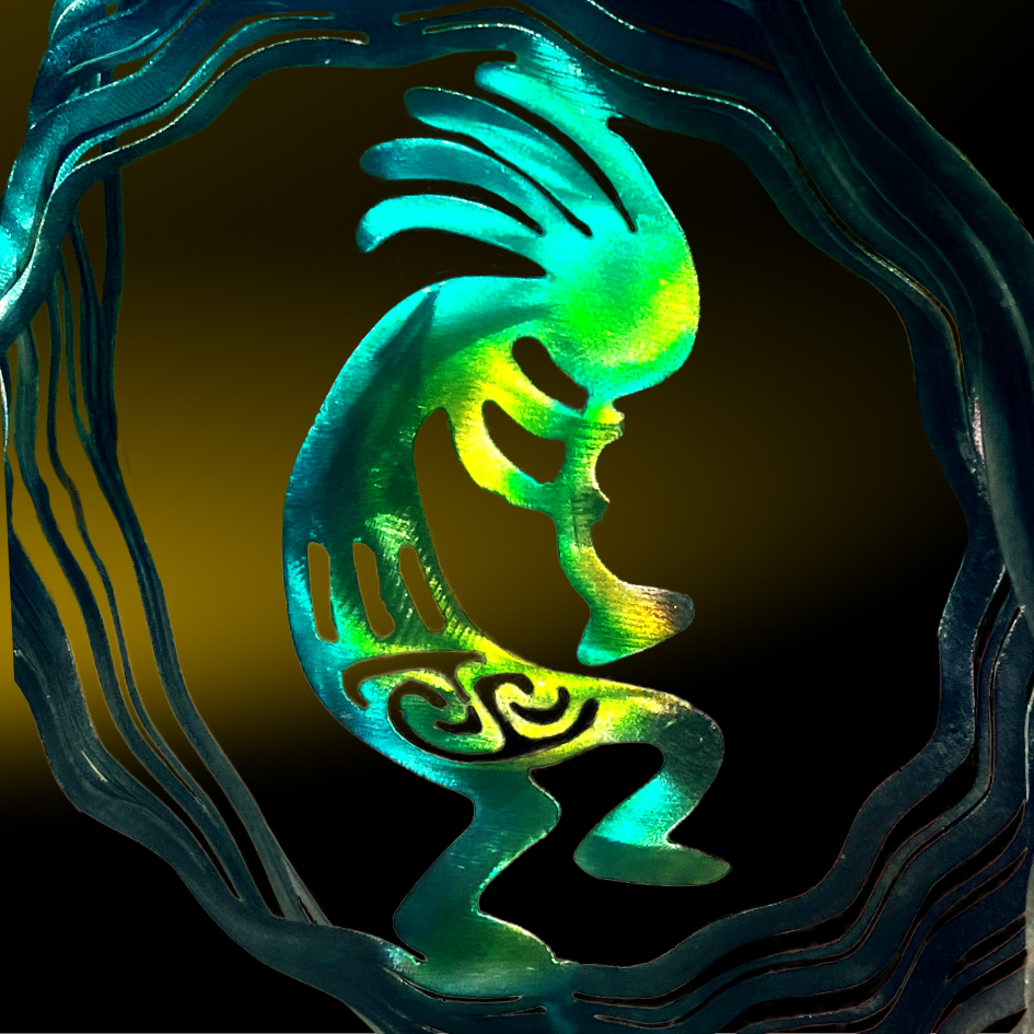 Metal Art wind spinner kinetic motion  with bright colors. Fertility  God, music, desert magic. Kokopelli mystical creature metal art wind spinner
