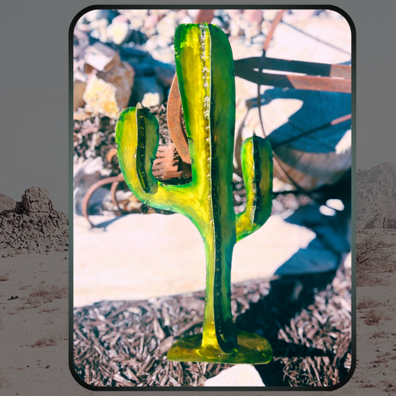 Metal Art- Ornamental Cactus Decor for Desert Style Landscapes- Green and yellow cactus with steel FX apainted on steel, welded seams, standing cactus for garden, yard, pathway, patio, or backyard