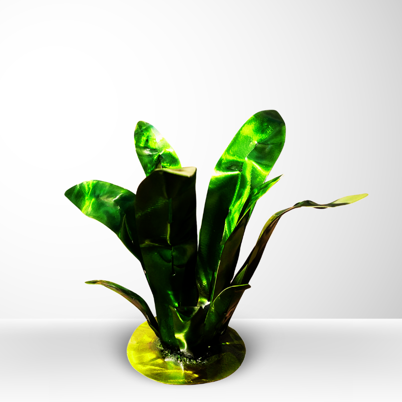 Spiky Desert Plant made of metal, with green and a hint of yellow on the leaves, welded metal art for the garden or outdoor spaces