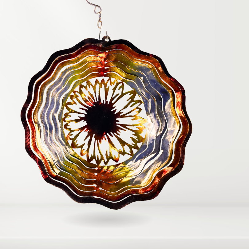 Metal Art Sunflower Kinetic windspinner with 360 degree rotating hook at the top. Has several rings that fan out to make this wind spinner a 3D sphere. Spins with the wind. painted with gold, yellow, silver and bronze. 